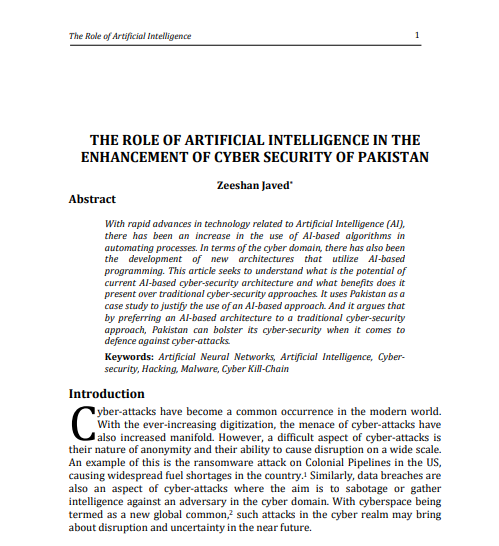 THE ROLE OF ARTIFICIAL INTELLIGENCE IN THE  ENHANCEMENT OF CYBER SECURITY OF PAKISTAN