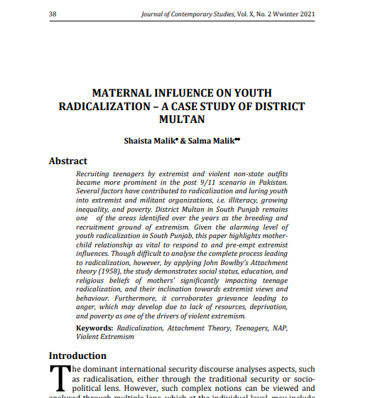 MATERNAL INFLUENCE ON YOUTH  RADICALIZATION – A CASE STUDY OF DISTRICT  MULTAN