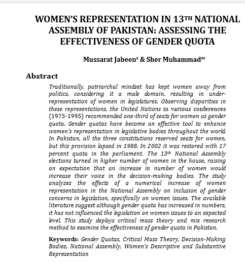WOMEN’S REPRESENTATION IN 13TH NATIONAL ASSEMBLY OF PAKISTAN: ASSESSING THE EFFECTIVENESS OF GENDER QUOTA