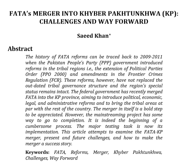 FATA’s MERGER INTO KHYBER PAKHTUNKHWA (KP): CHALLENGES AND WAY FORWARD